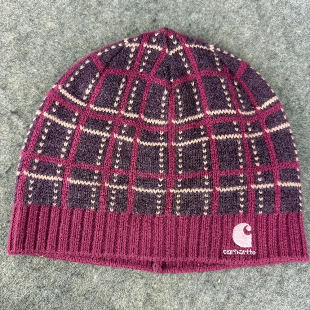 Carhartt Womens Plaid Knit Beanie Burgundy Purple Winter Hat 101415 654 OSFA